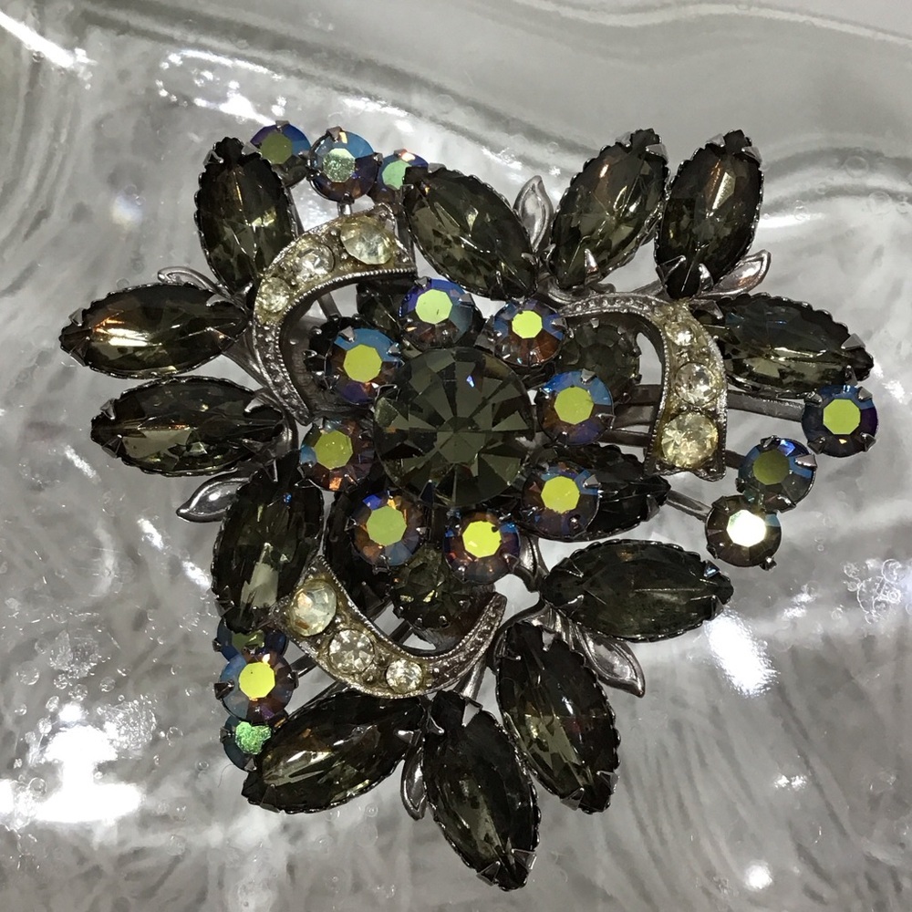 Vintage Crystal Brooch with Dark Stones and clear rhinestones